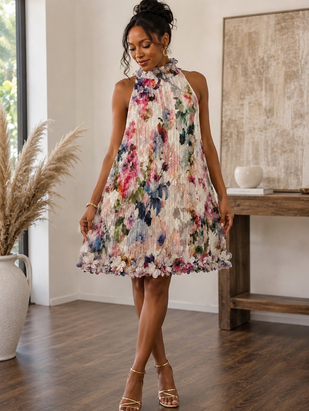 Alex Marie Pleated Floral Halter Dress in Multicolors 4